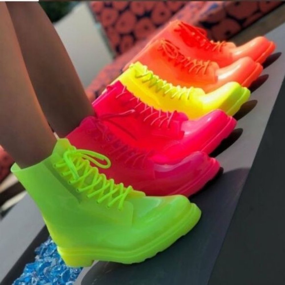 !! NEW !! Neon Yellow Lace Up Combat Rain Boots - Picture 5 of 7